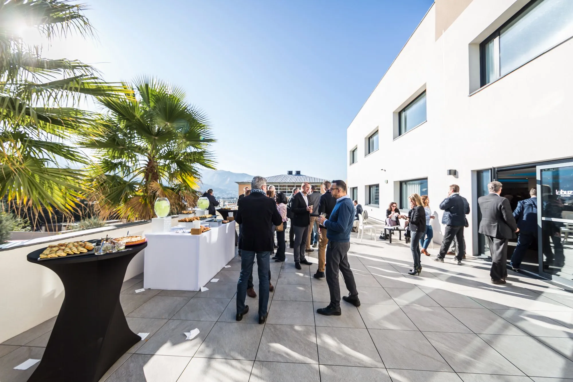 Invités sur la terrasse ensoleillée bordée de palmiers