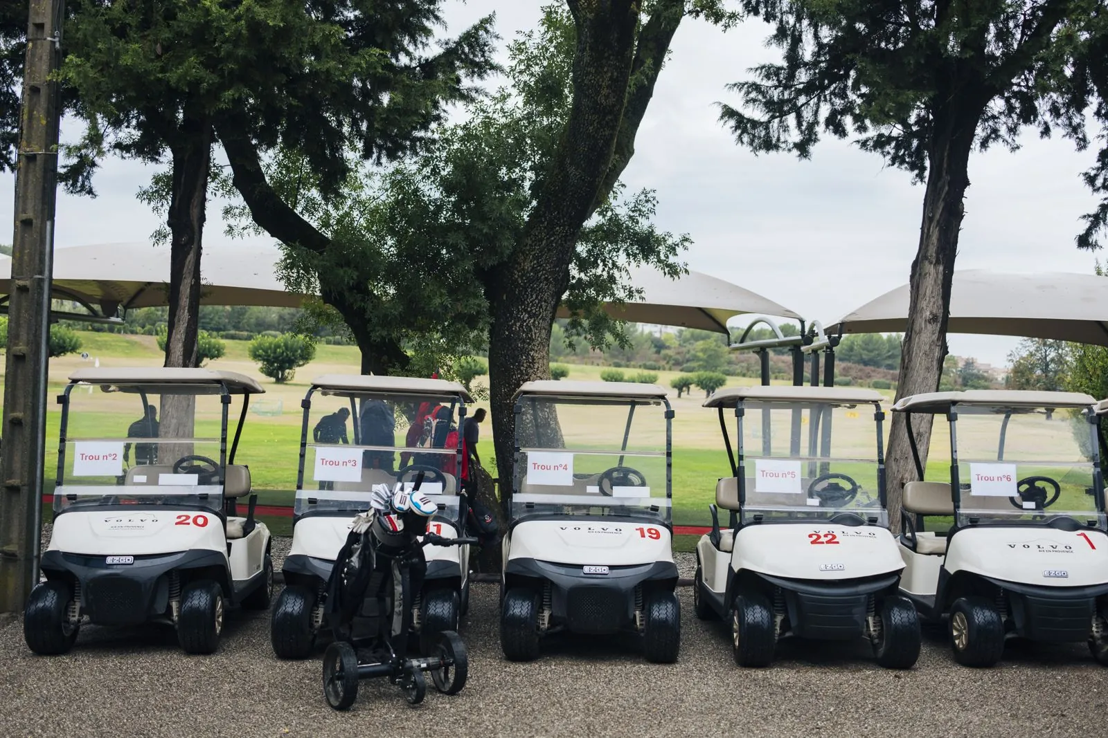Voiturettes de golf numérotées alignées devant le parcours