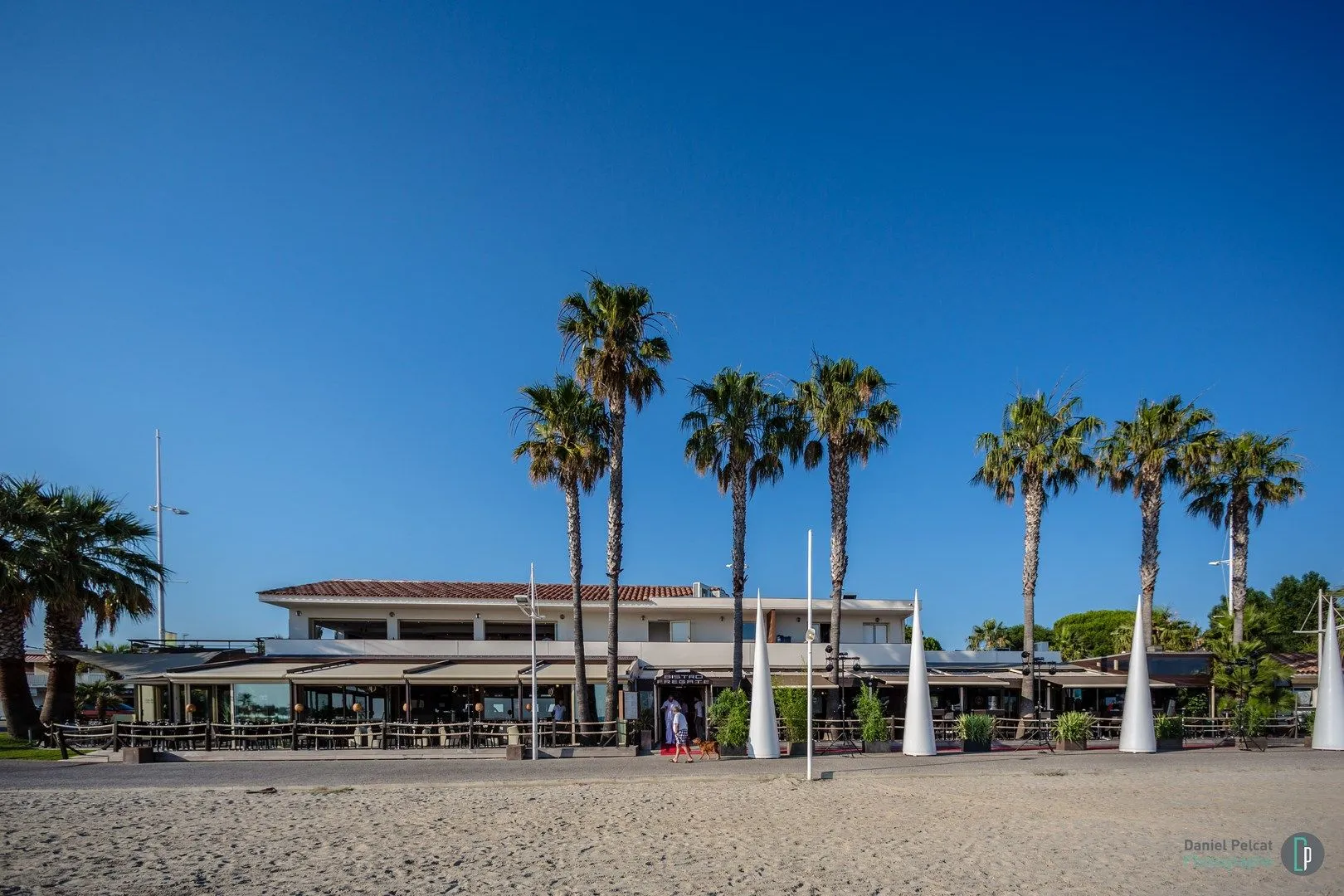 Façade du restaurant vue depuis la plage, sous les palmiers