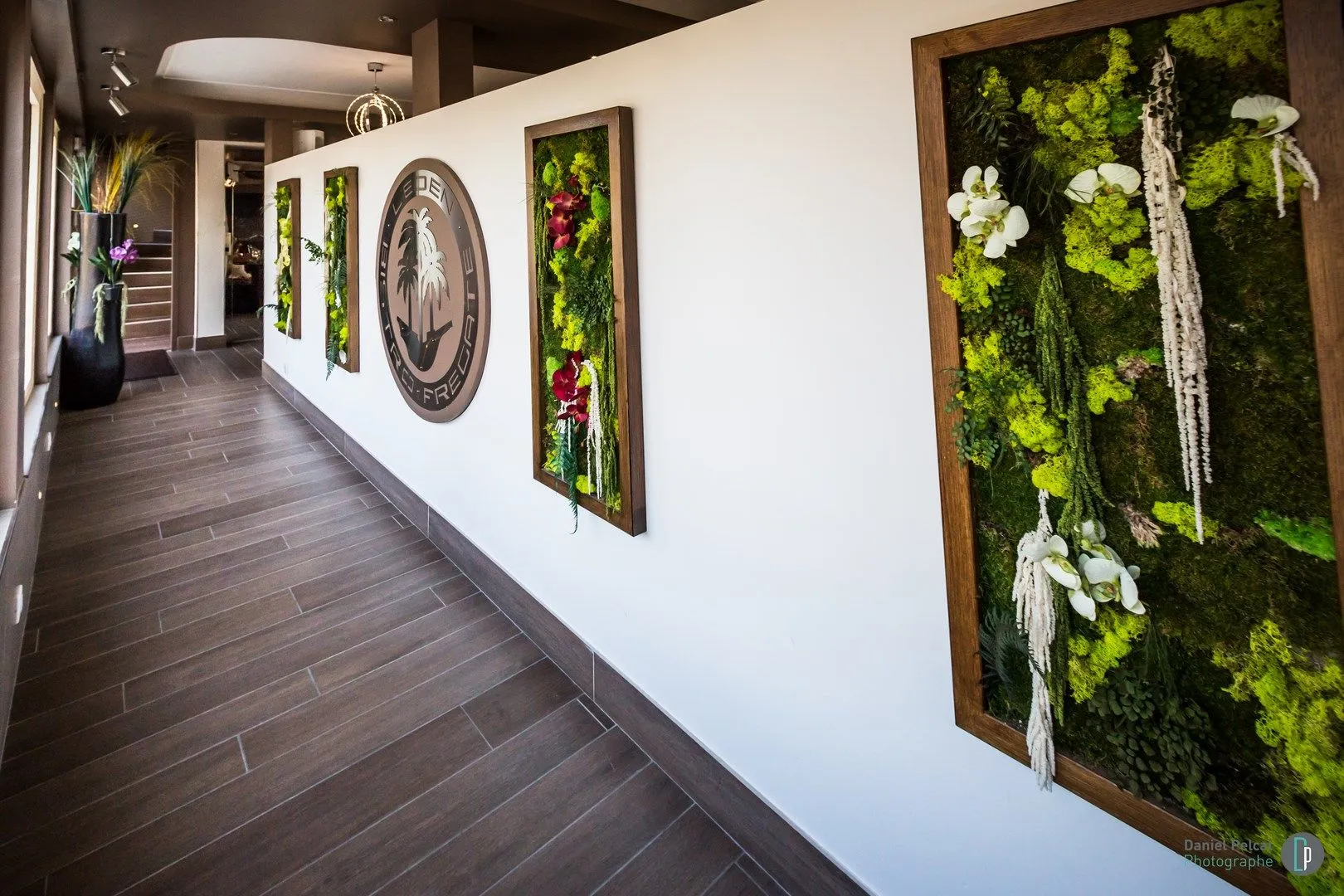 Couloir décoré de tableaux végétaux
